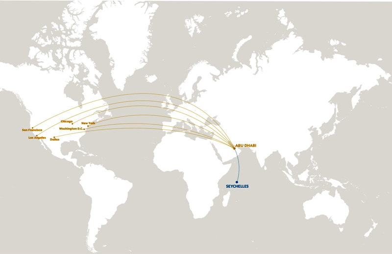 Map showing the Air Seychelles/Etihad codeshare destinations in the US